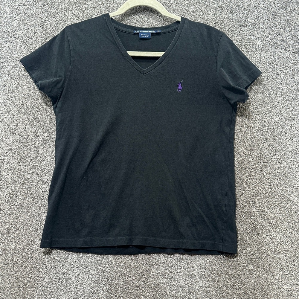 Ralph Lauren Sport T-Shirt Top Women Medium Black V Neck Preppy Minimalist